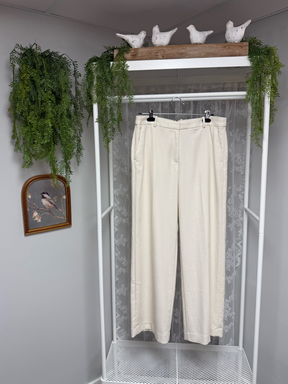 H&M Cream Wide Leg Trousers Size 10 High Rise Textured Career Casual Pant - 10